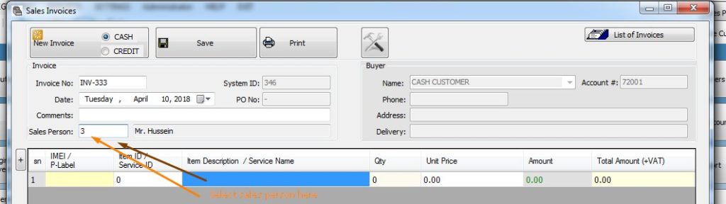 salesperson in invoice