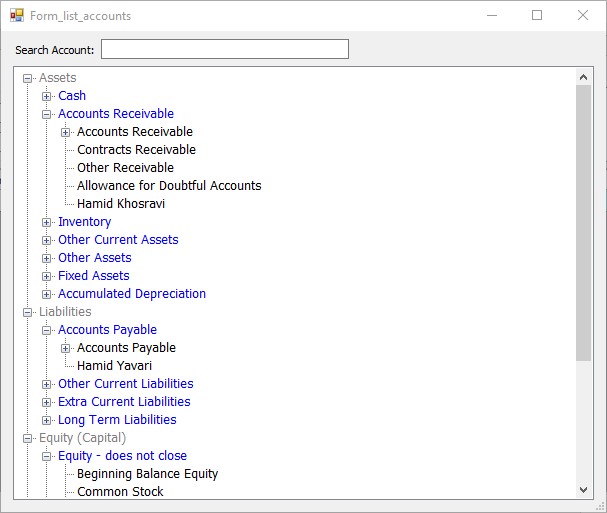 List of accounts in iGreen accounting software