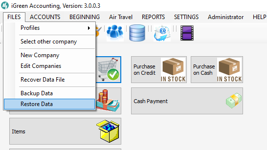 Restore data from backup file in iGreen accounting software