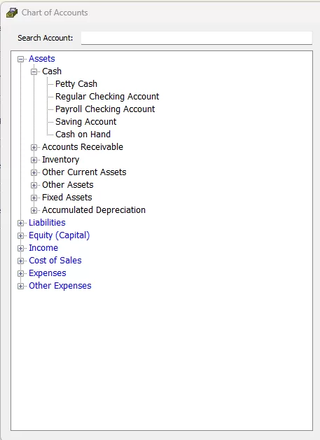 Cash account in chart of accounts in iGreen