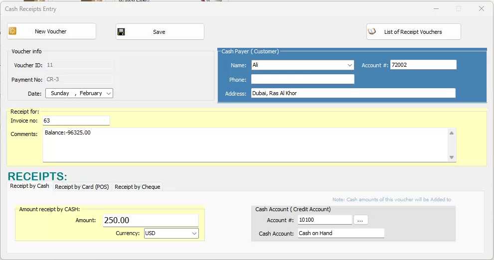 Cash receipt form in iGreen accounting software