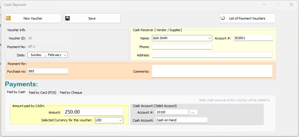 Cash payment form in iGreen accounting software